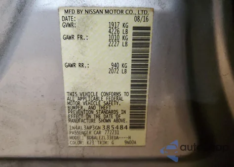 2016 Nissan Altima 2.5 z USA, uszkodzony, nr VIN 1N4AL3AP3GN385484